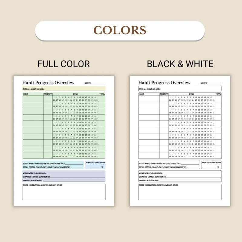 Habit Progress Overview available in colorful and ink-friendly black-and-white