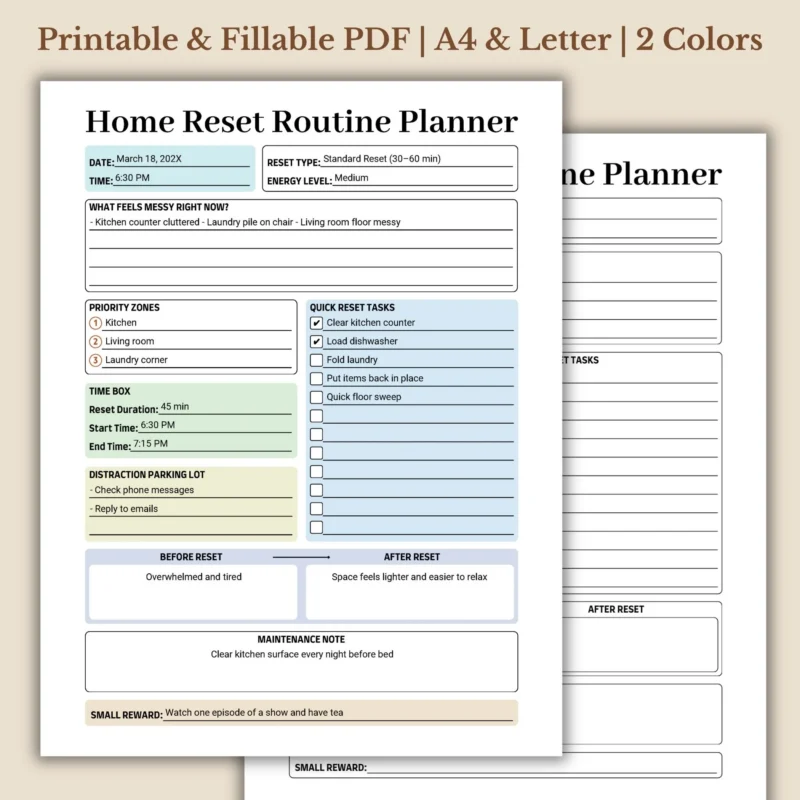 Home Reset Routine Planner Printable for Household Organization and Tidying