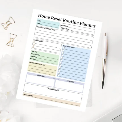 A clean domestic organization dashboard featuring color-coded sections for daily habit tracking and seasonal decluttering projects.