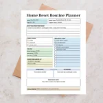 Sample Home Reset Routine Planner with pre-filled cleaning tasks, room-by-room tidying lists, and monthly maintenance goals.
