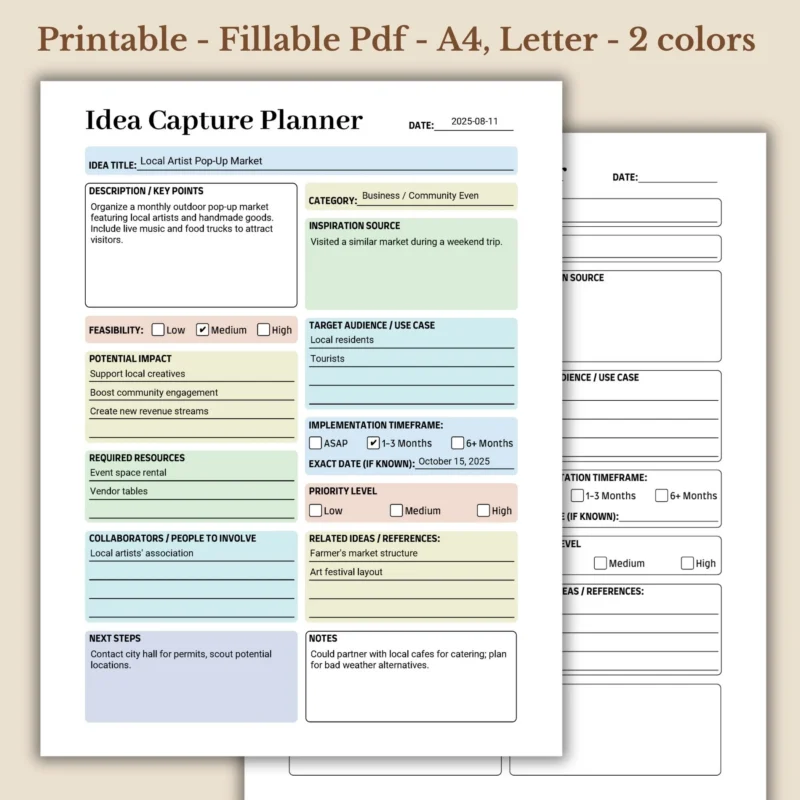 Idea Capture Planner Printable for Creative Project Brainstorming