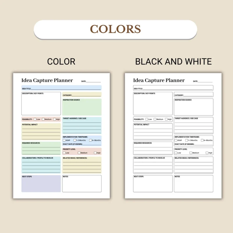 Idea Capture Planner available in US Letter & A4 sizes