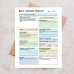 A sample Idea Capture Planner with pre-filled entries for idea titles, category labels, inspiration sources, and implementation timeframes