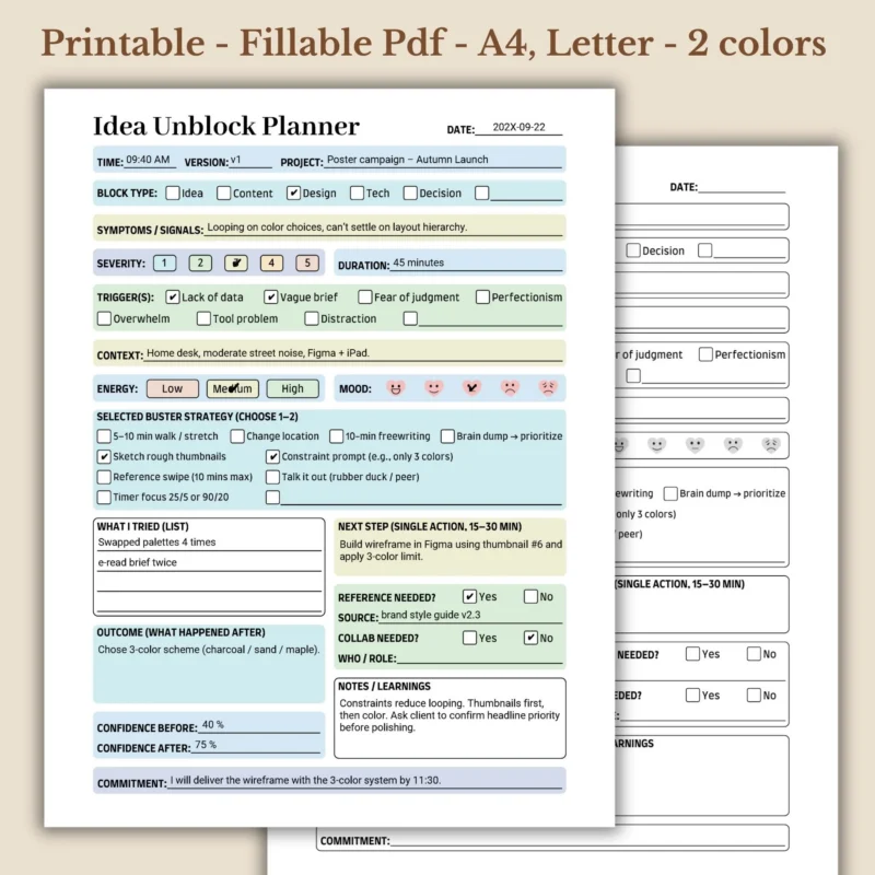 Idea Unblock Planner Printable for Creative Thinking and Problem Solving