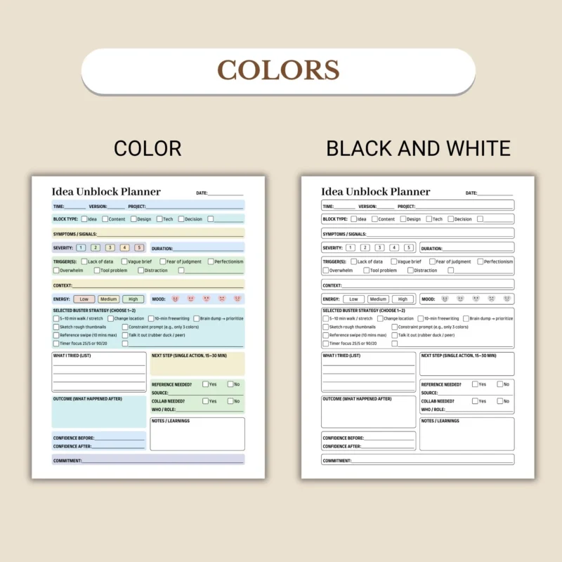 Idea Unblock Planner available in colorful and ink-friendly black-and-white