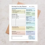 Close-up mockup of a Meeting-Free Day printable template featuring a minimalist design with an energy level tracker and gratitude log
