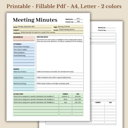 Meeting Minutes Printable for Corporate Business Record Keeping