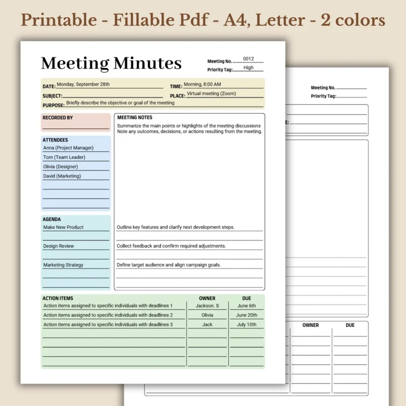 Meeting Minutes Printable for Corporate Business Record Keeping