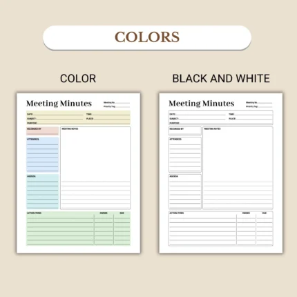 Meeting Minutes available in colorful and ink-friendly black-and-white