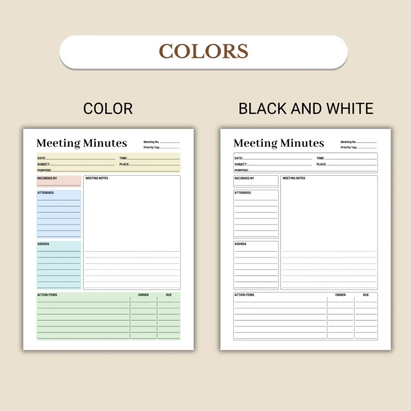 Meeting Minutes available in colorful and ink-friendly black-and-white