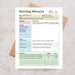 Sample Meeting Minutes with pre-filled agenda topics, discussion notes, and assigned tasks for team accountability