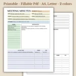 Meeting Minutes Printable for Discussion Tracker with Action Items and Summary