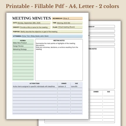 Meeting Minutes Printable for Discussion Tracker with Action Items and Summary