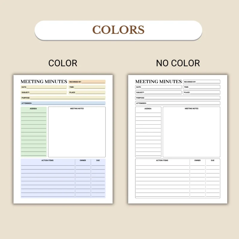 Meeting Minutes available in colorful and ink-friendly black-and-white