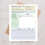 Sample Meeting Minutes with pre-filled discussion topics, quick summaries, and assigned action items for effective team follow-ups