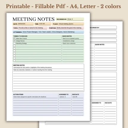 Meeting Notes Printable for Professional Business Minutes and Agenda