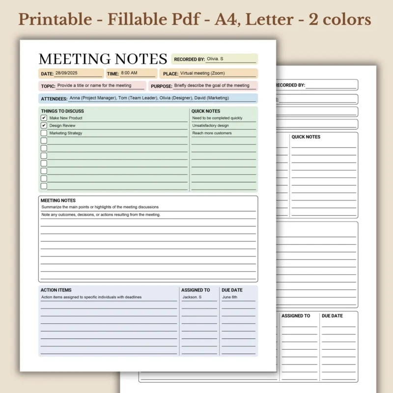 Meeting Notes Printable for Professional Business Minutes and Agenda