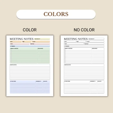 Meeting Notes available in colorful and ink-friendly black-and-white