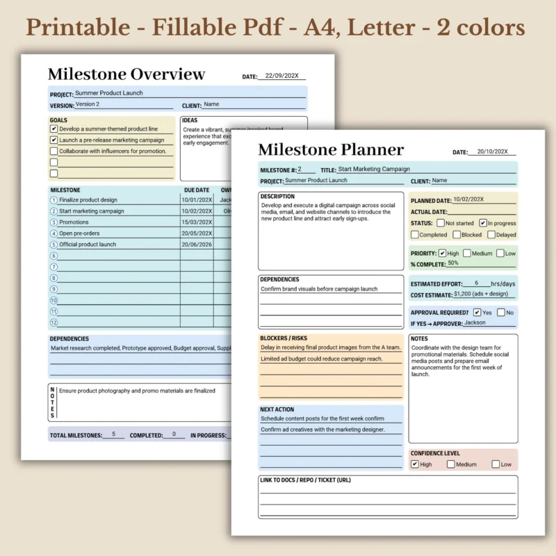 Milestone Planner and Overview Fillable PDF for Project Goal Tracking