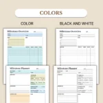 Milestone Planner and Overview available in colorful and ink-friendly black-and-white