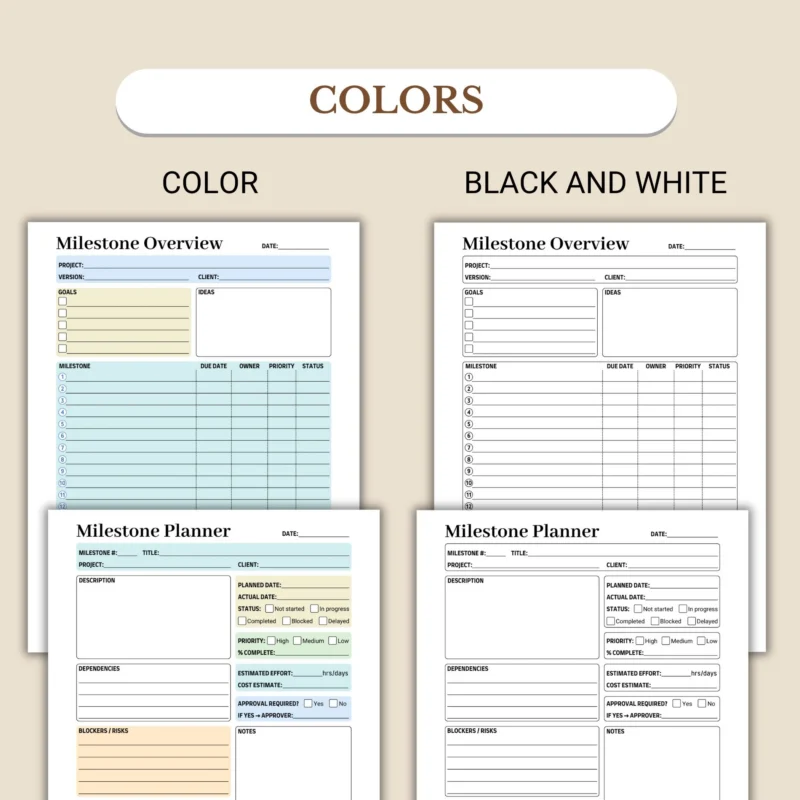 Milestone Planner and Overview available in colorful and ink-friendly black-and-white