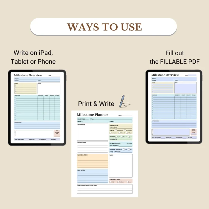 Milestone Planner and Overview Fillable PDF for Project Goal Tracking ...