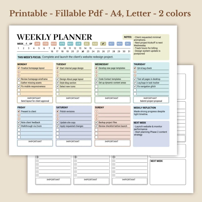 Minimalist Weekly Schedule, Fillable Digital Planner Page, High-Performance Work Week Layout