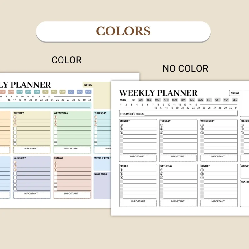 weekly planner available in colorful and ink-friendly black-and-white