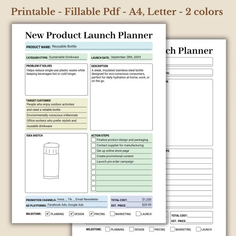 New Product Launch Planner, Strategy Worksheet, Business Startup Guide, Fillable Printable PDF