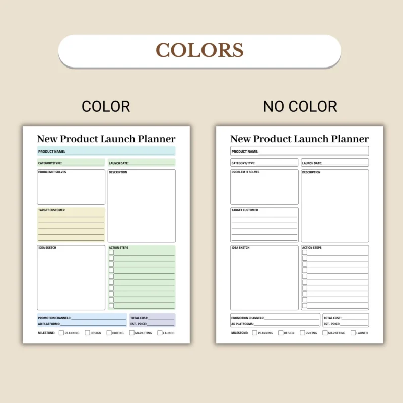 New Product Launch Planner available in colorful and ink-friendly black-and-white