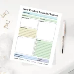 Professional product launch strategy worksheet available as a fillable PDF, including sections for promotion channels, milestones, and cost estimation