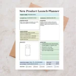 Example of a New Product Launch Planner with category, launch date, problem, descripton, idea sketch, action steps