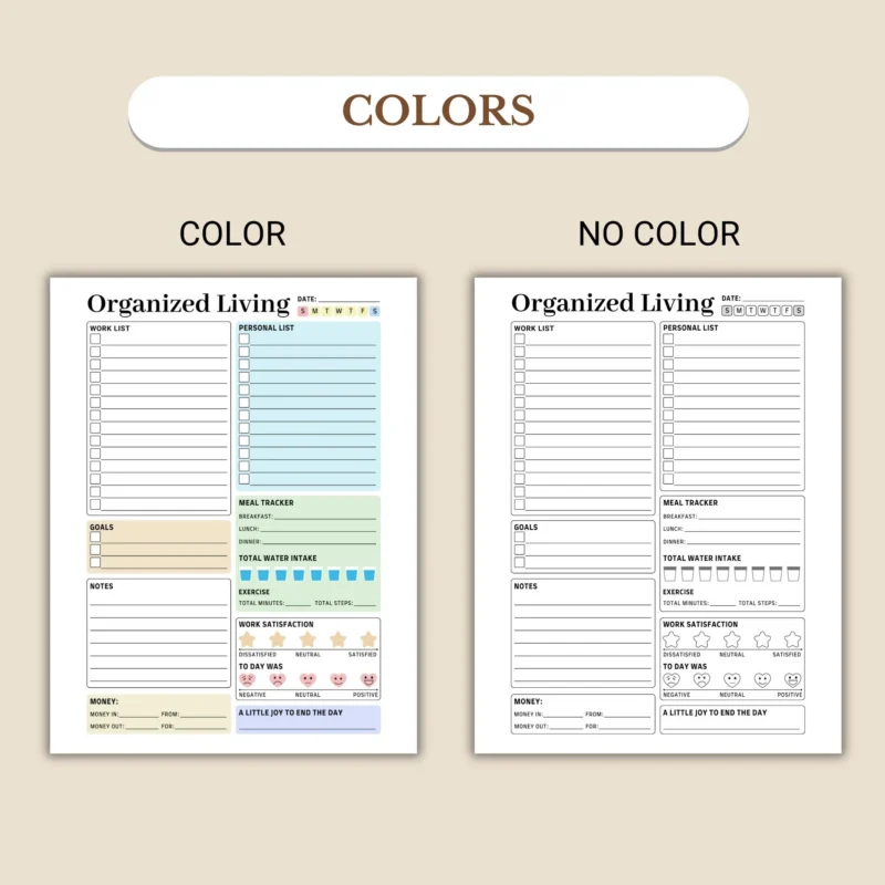 Organized Living available in colorful and ink-friendly black-and-white