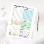 Organized Living daily planner printable with work list, meal tracker, and water intake sections