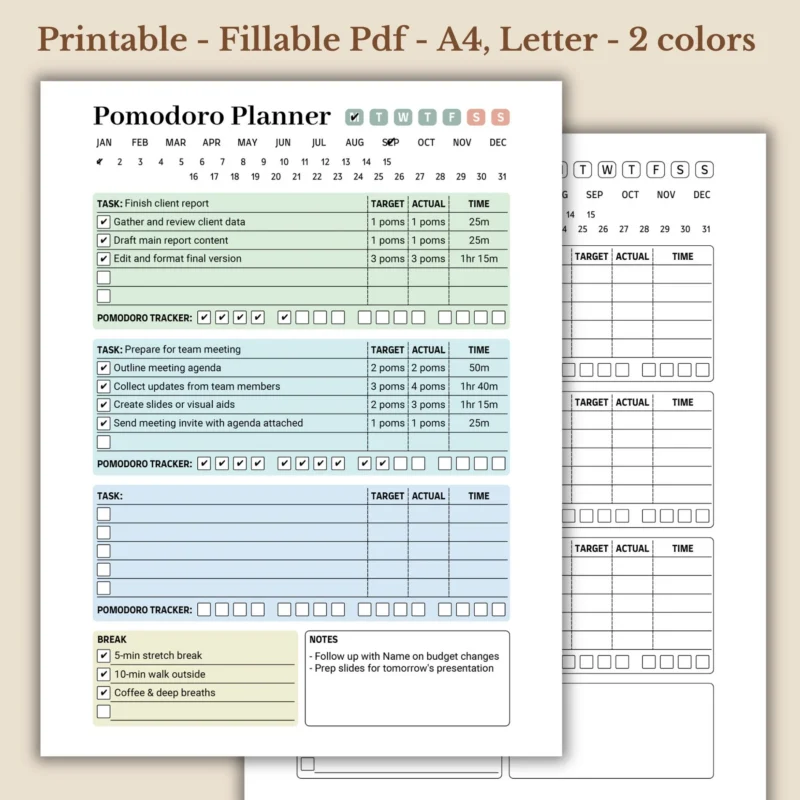 Pomodoro Planner, Minimalist Study & Work Interval Log, Fillable Daily Deep Work Organizer