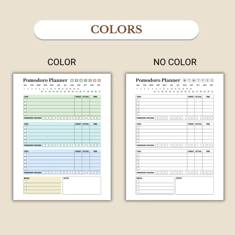 Pomodoro Planner available in colorful and ink-friendly black-and-white