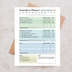 Professional deep work planner printable PDF displayed with structured sections for task logging, interval tracking, and break management