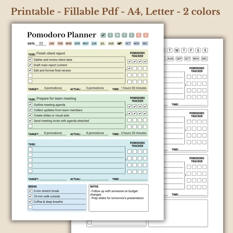 Pomodoro Planner, Professional Deep Work, Structured Productivity Interval Worksheet