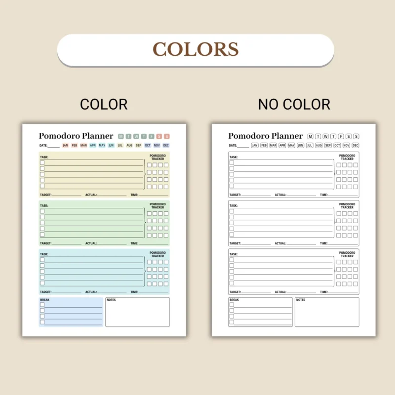 Pomodoro Planner available in colorful and ink-friendly black-and-white