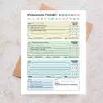 Example of a Pomodoro Planner with checked-off tasks, tracker, break, notes, target, actual, and time