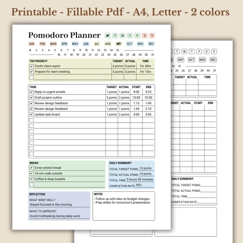 Pomodoro Planner, Time Blocking Focus Tracker, Business Productivity Worksheet PDF
