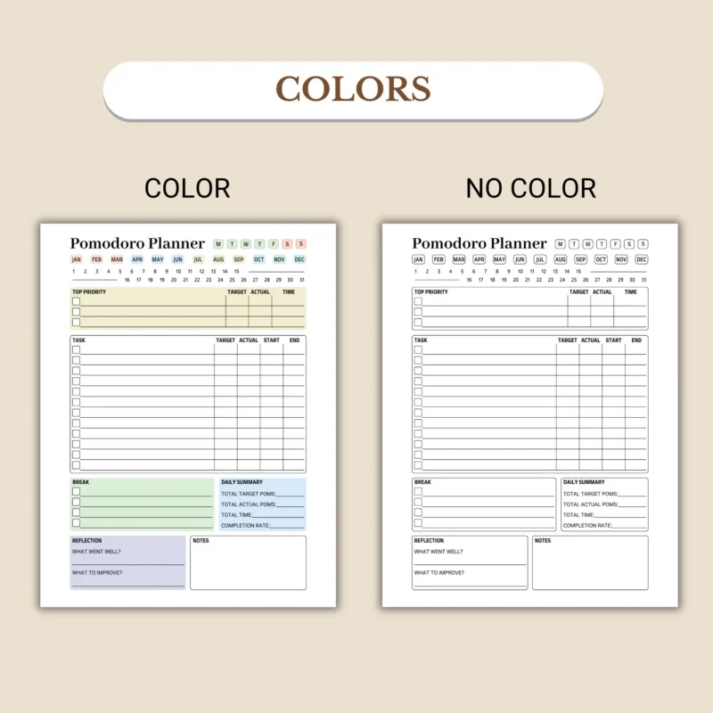 Pomodoro Planner available in colorful and ink-friendly black-and-white