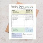 Example of a Pomodoro Planner with checked-off tasks, priority, target, actual, start, end, break, daily summary