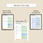 Printable productivity planner with wellness tracking sections
