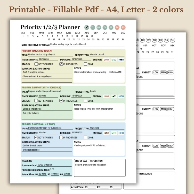 Priority 1-2-3 Planner Printable for Minimalist Daily Task Management