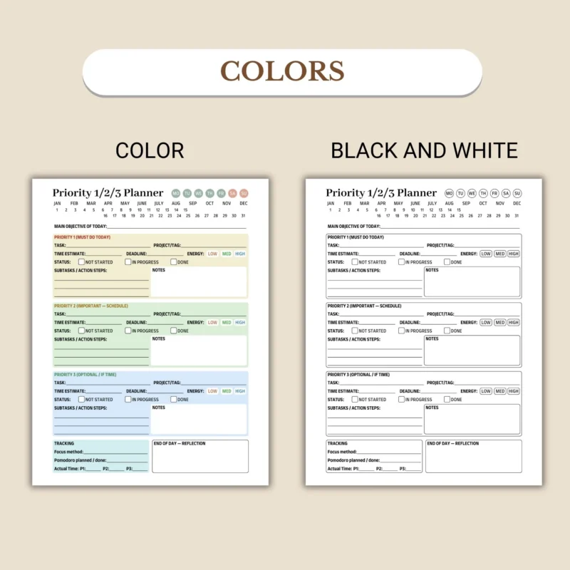 Priority 1-2-3 Planner available in colorful and ink-friendly black-and-white