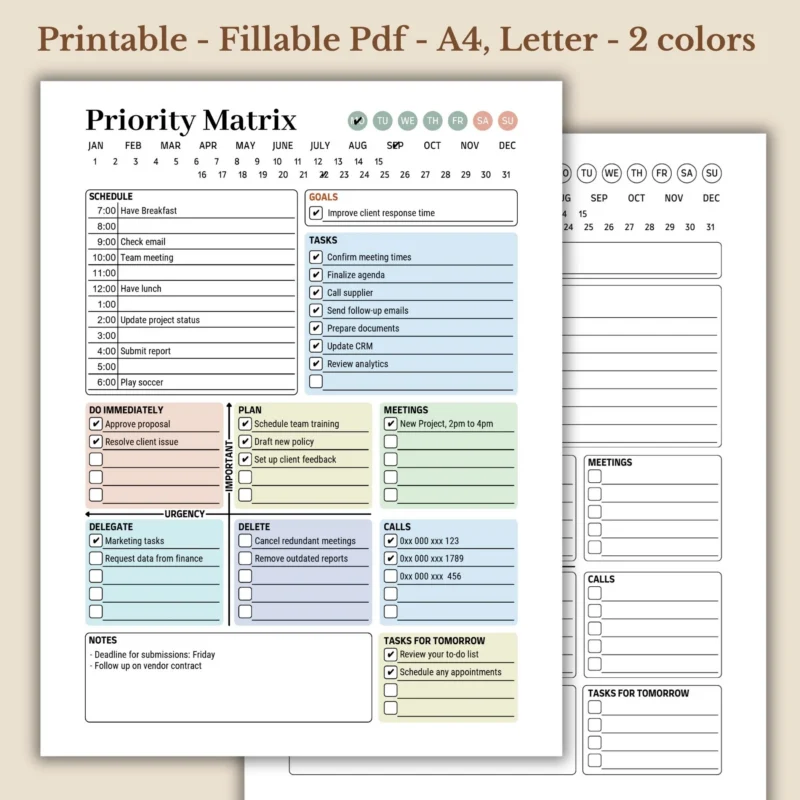 Priority Matrix Fillable PDF Planner for Strategic Task Management
