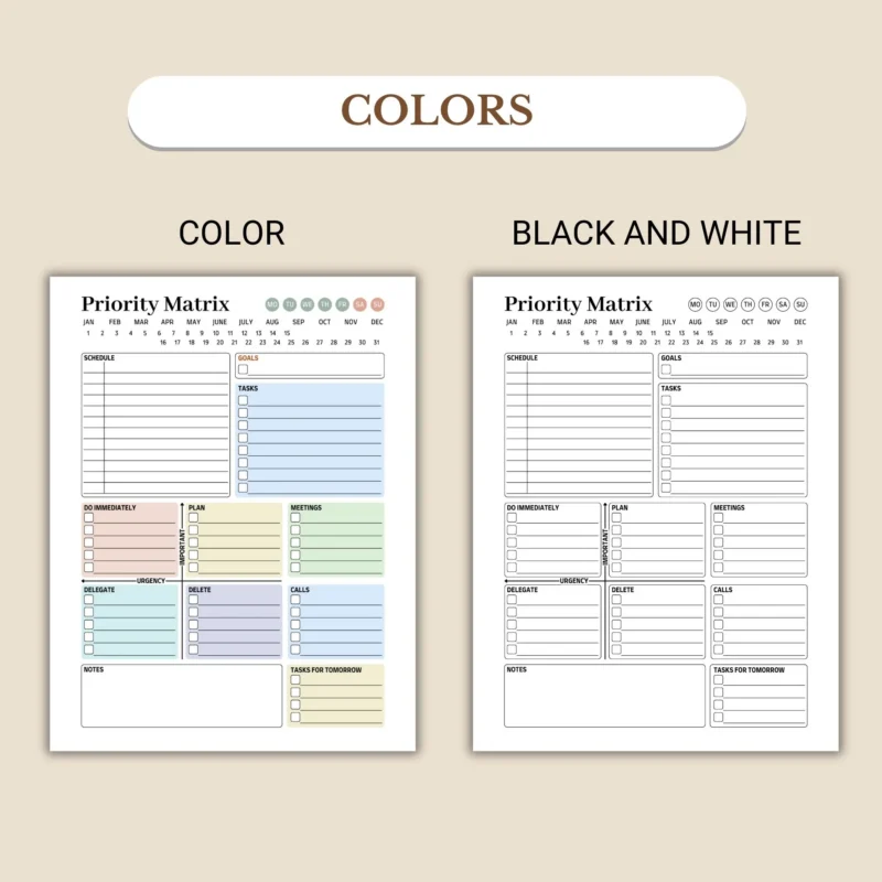 Priority Matrix planner available in colorful and ink-friendly black-and-white