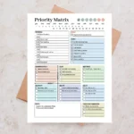 Sample Priority Matrix PDF with pre-filled urgent tasks, important plan, and delegation lists for efficient time management