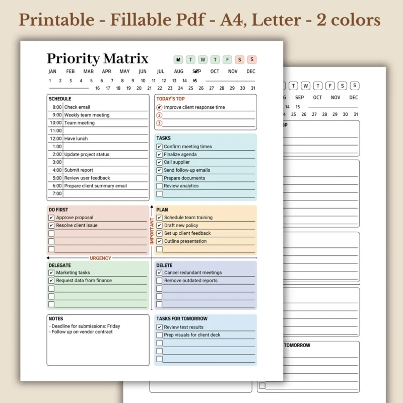 Priority Matrix Planner, Daily Urgent-Important Tracker, Fillable Business Task Organizer PDF